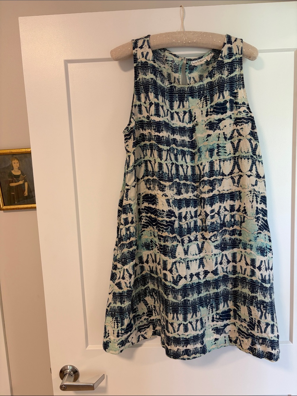 Nicole Miller Linen Sleeveless Navy and Mint Patterned A-Line Dress